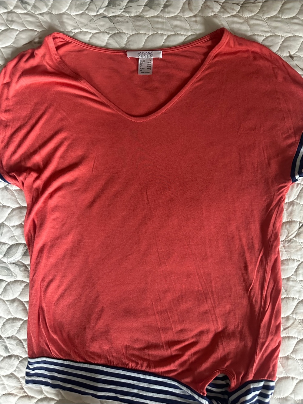 Liz Claiborne Coral V-Neck Short Sleeve Top with Striped Hem
